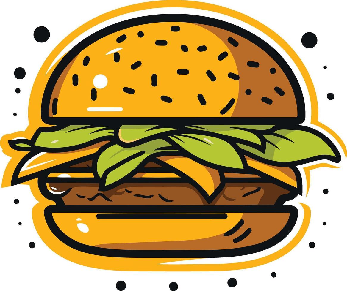 A cartoon style illustration of a delicious burger with lettuce, cheese, and sesame seed bun vector