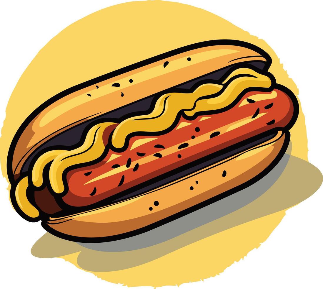 A cartoon illustration of a delicious hot dog with mustard, perfect for food related projects, menus, and branding vector