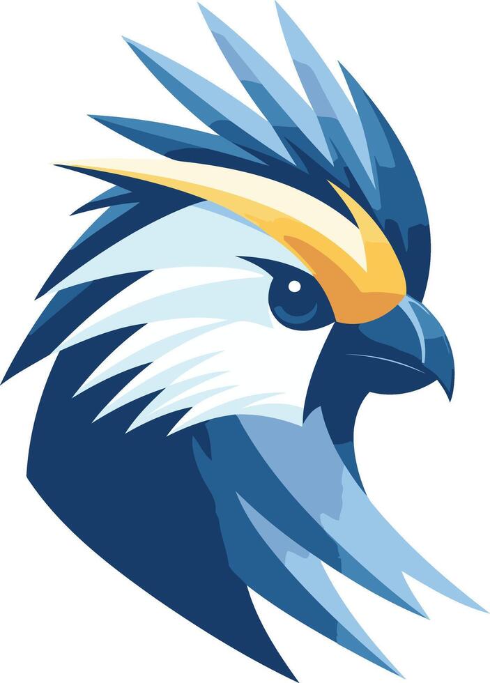A bold and powerful logo featuring a stylized bird of prey head in blue, white, and yellow vector