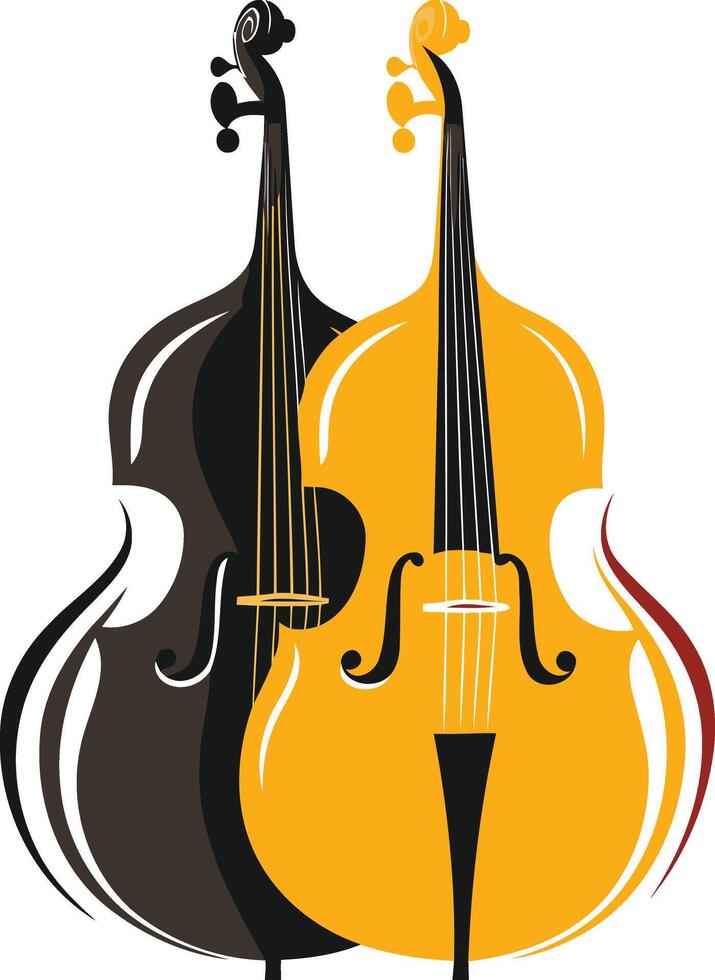 A stylized illustration of two double basses, one brown and one yellow, standing side by side vector