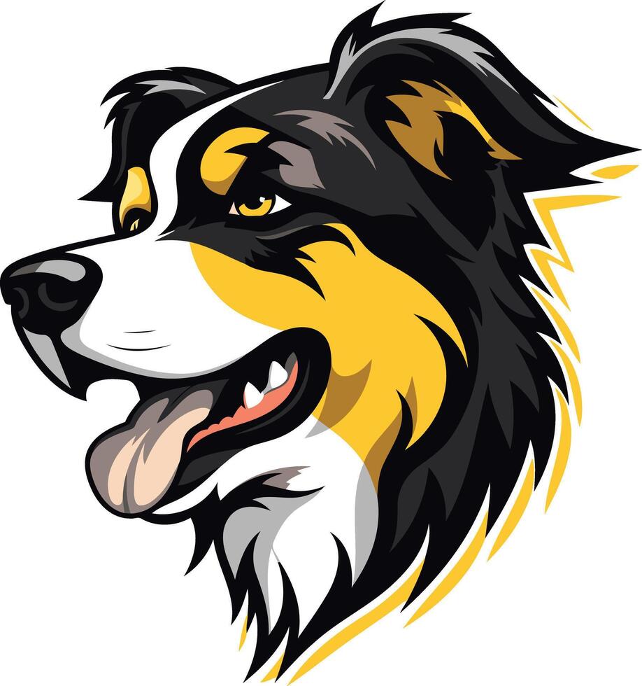 A fierce and friendly border collie head illustration with a playful expression, perfect for branding, logos, and pet related products vector
