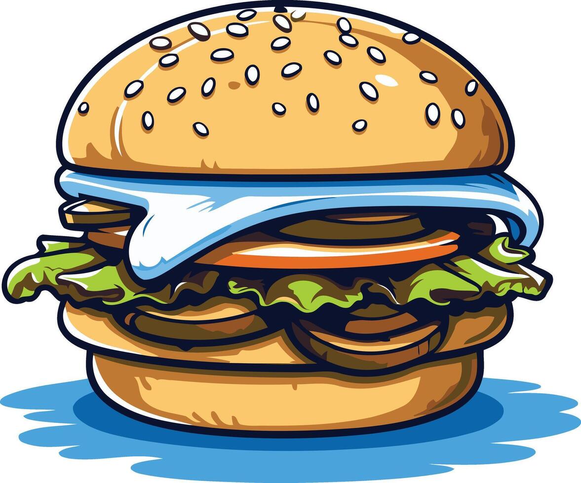 A delicious, cartoon style burger with lettuce, cheese, and a sesame seed bun vector