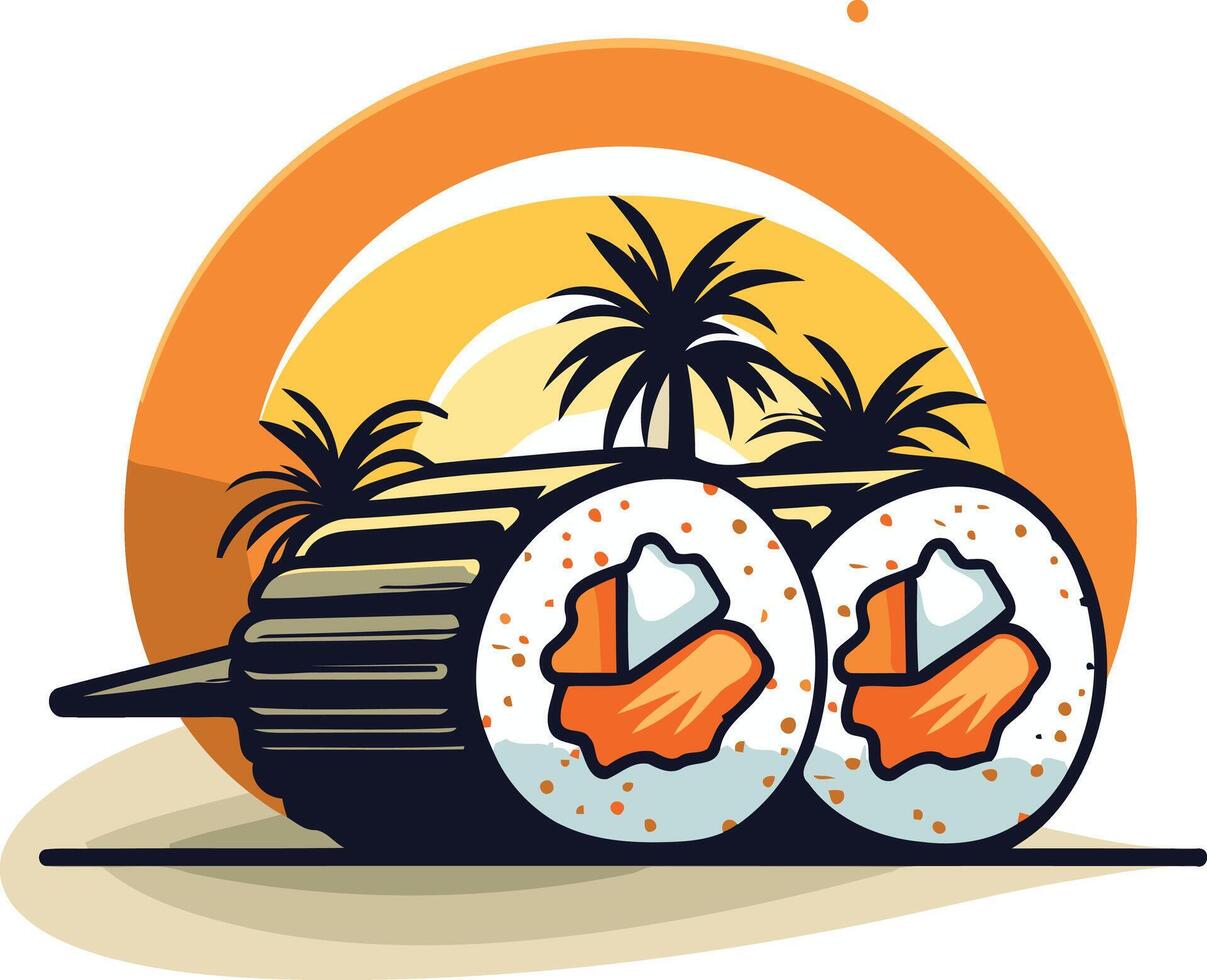 A vibrant illustration of two sushi rolls against a sunset backdrop with palm trees vector