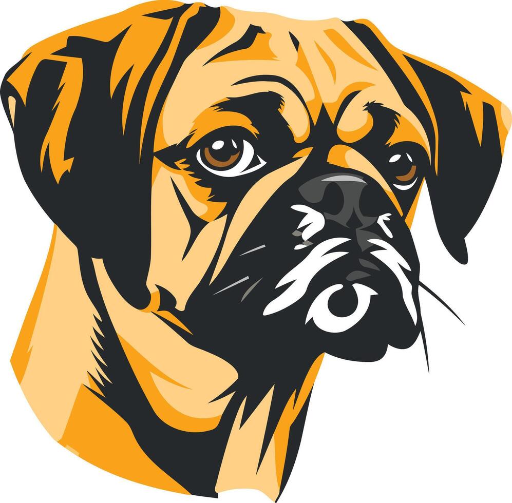 A close up illustration of a pug dog's head, captured in a bold, graphic style vector