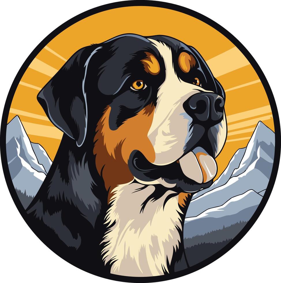 A friendly bernese mountain dog with a mountain backdrop, perfect for dog loving brands or mountain themed designs vector