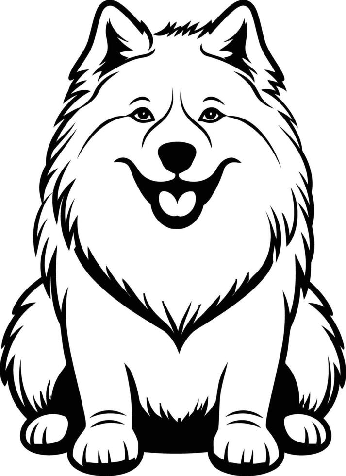 Cute black and white illustration of a smiling samoyed dog vector