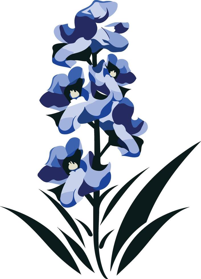 Elegant blue delphinium flower with black silhouette leaves, perfect for nature themed designs, greeting cards, and floral illustrations vector