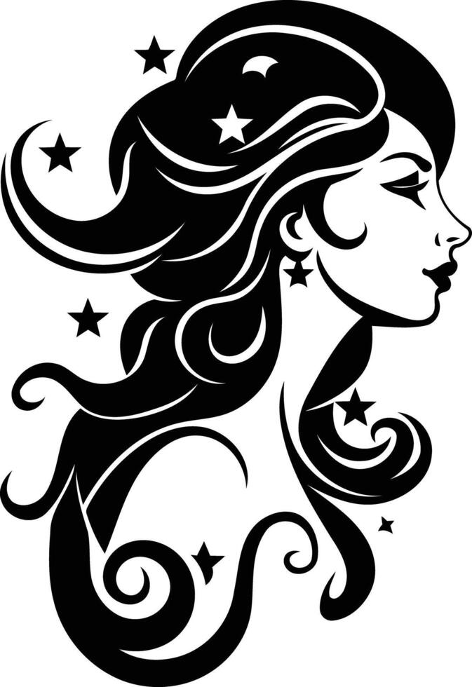 Stylish black and white silhouette of a woman with flowing hair adorned with stars vector