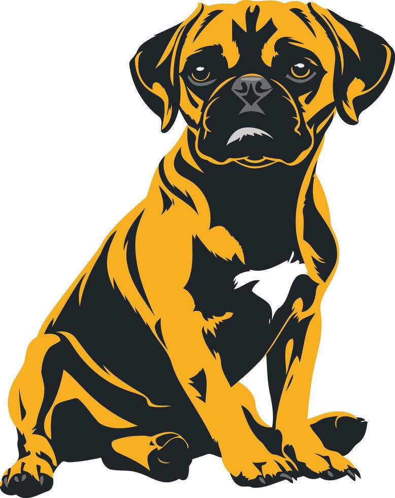 A cute, cartoon style pug sits with a playful expression, perfect for pet related designs, greeting cards, or social media vector