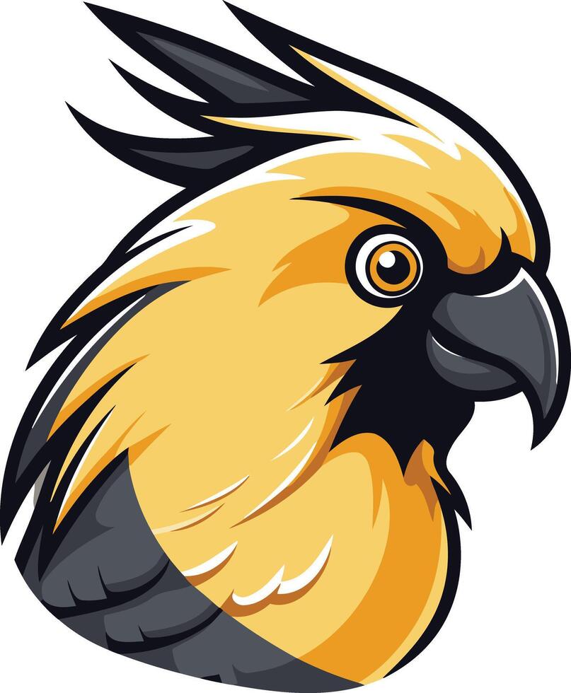A bold and dynamic illustration of a yellow and black parrot head, perfect for branding, logos, and mascot designs vector