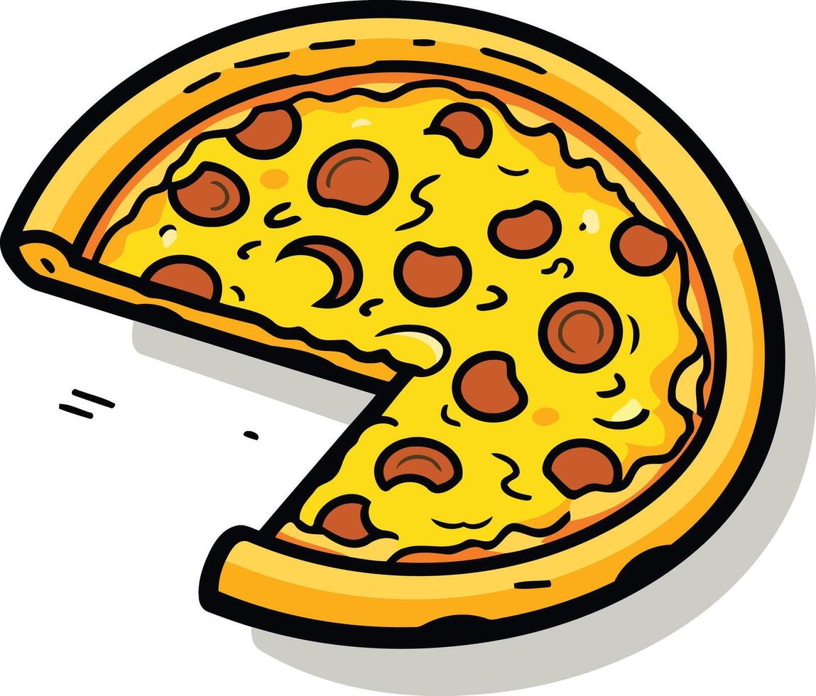 A cheerful cartoon illustration of a delicious pizza with a single slice missing vector