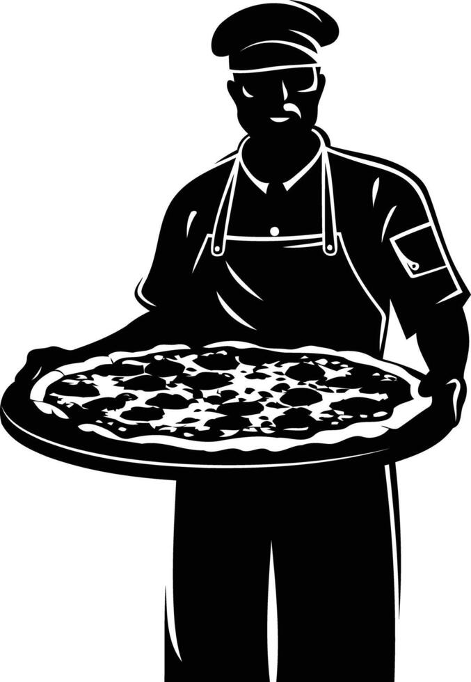 Silhouette of a pizza chef holding a delicious pizza vector