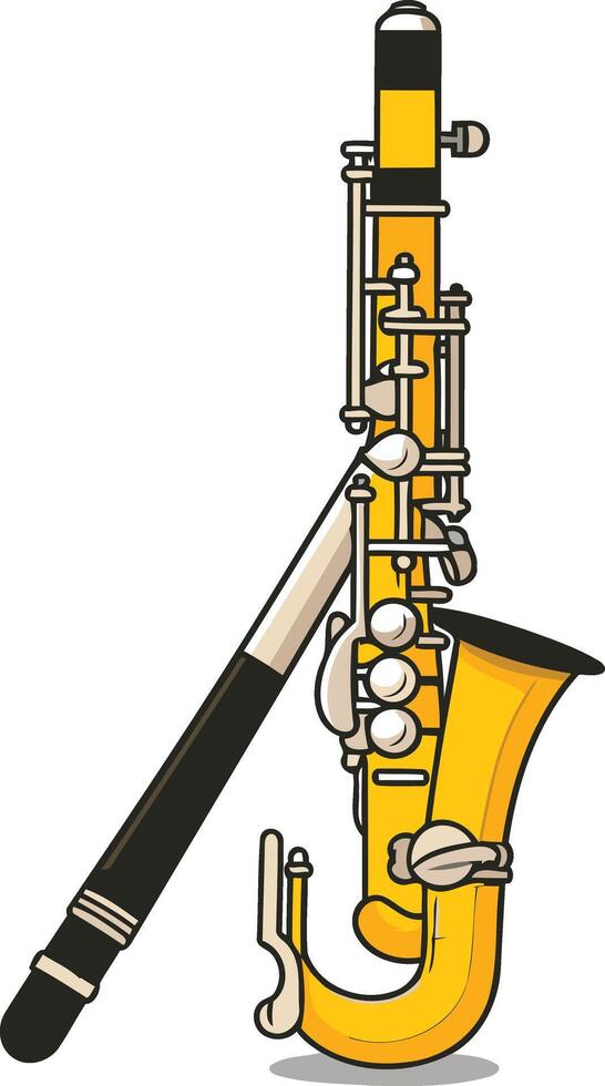 A cartoon illustration of a yellow saxophone with a black and white reed vector