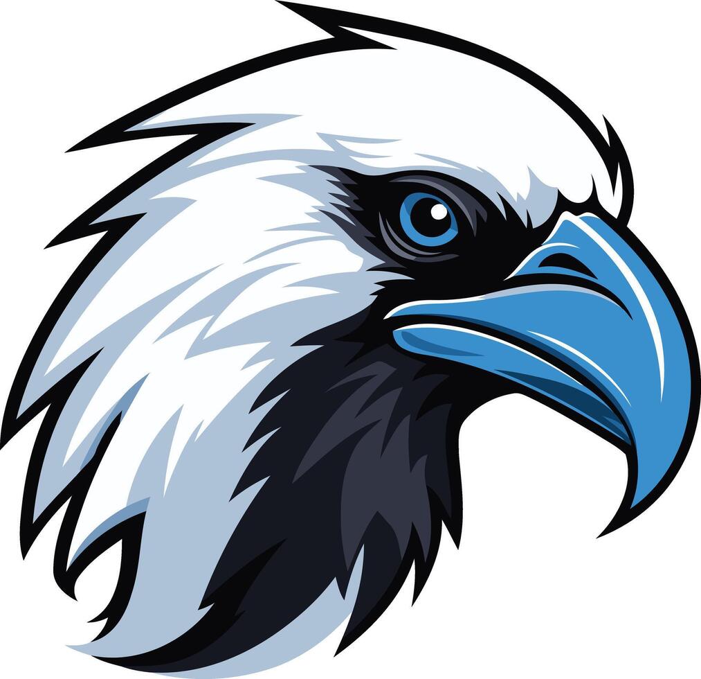 A fierce and powerful eagle head with a striking blue beak and piercing eye, perfect for sports teams, logos, and branding vector