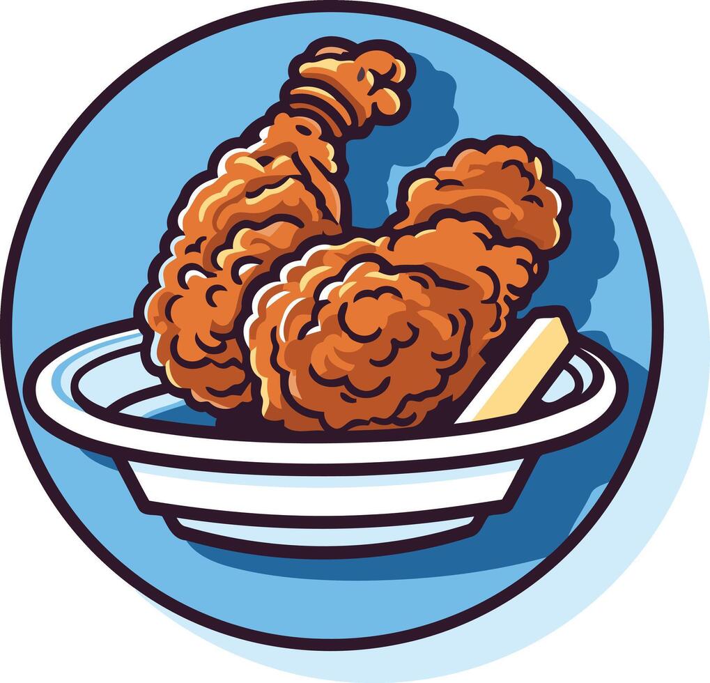 A cartoon illustration of a crispy fried chicken leg and thigh served with butter on a white plate, set against a blue background vector