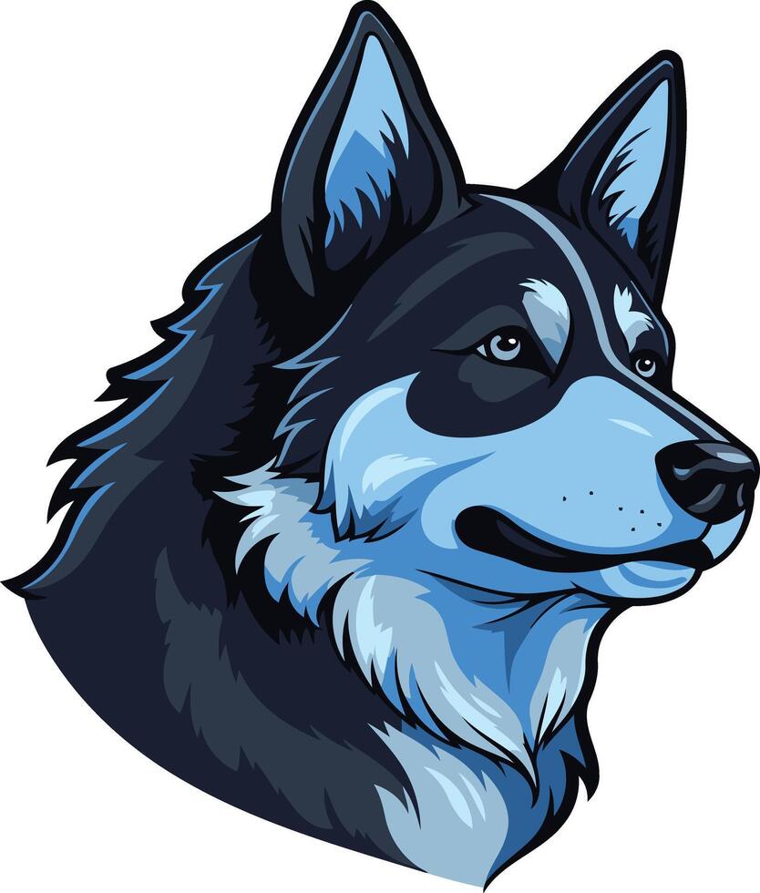 A striking portrait of a siberian husky, rendered in a bold, blue and black color scheme vector