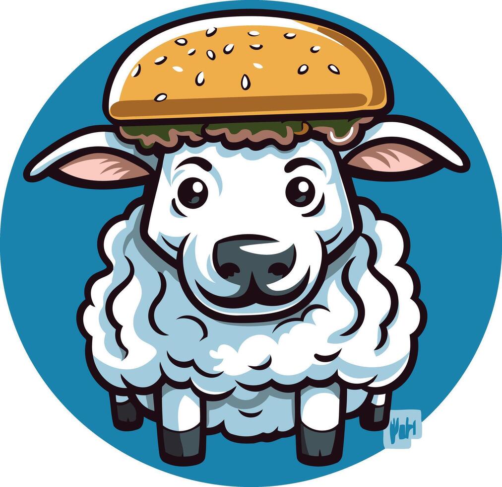 A cute cartoon sheep wearing a hamburger bun as a hat vector