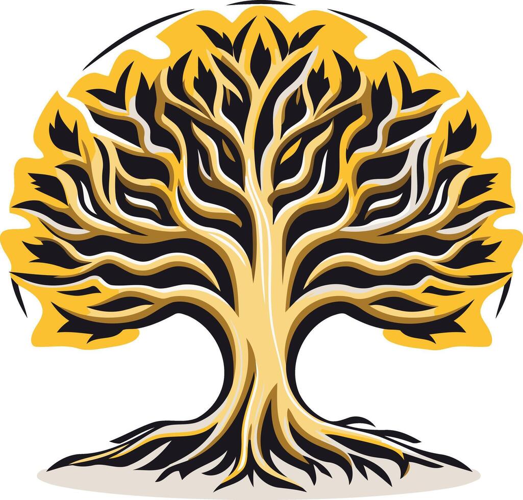 Stylized Tree with Golden Branches and Black Roots vector