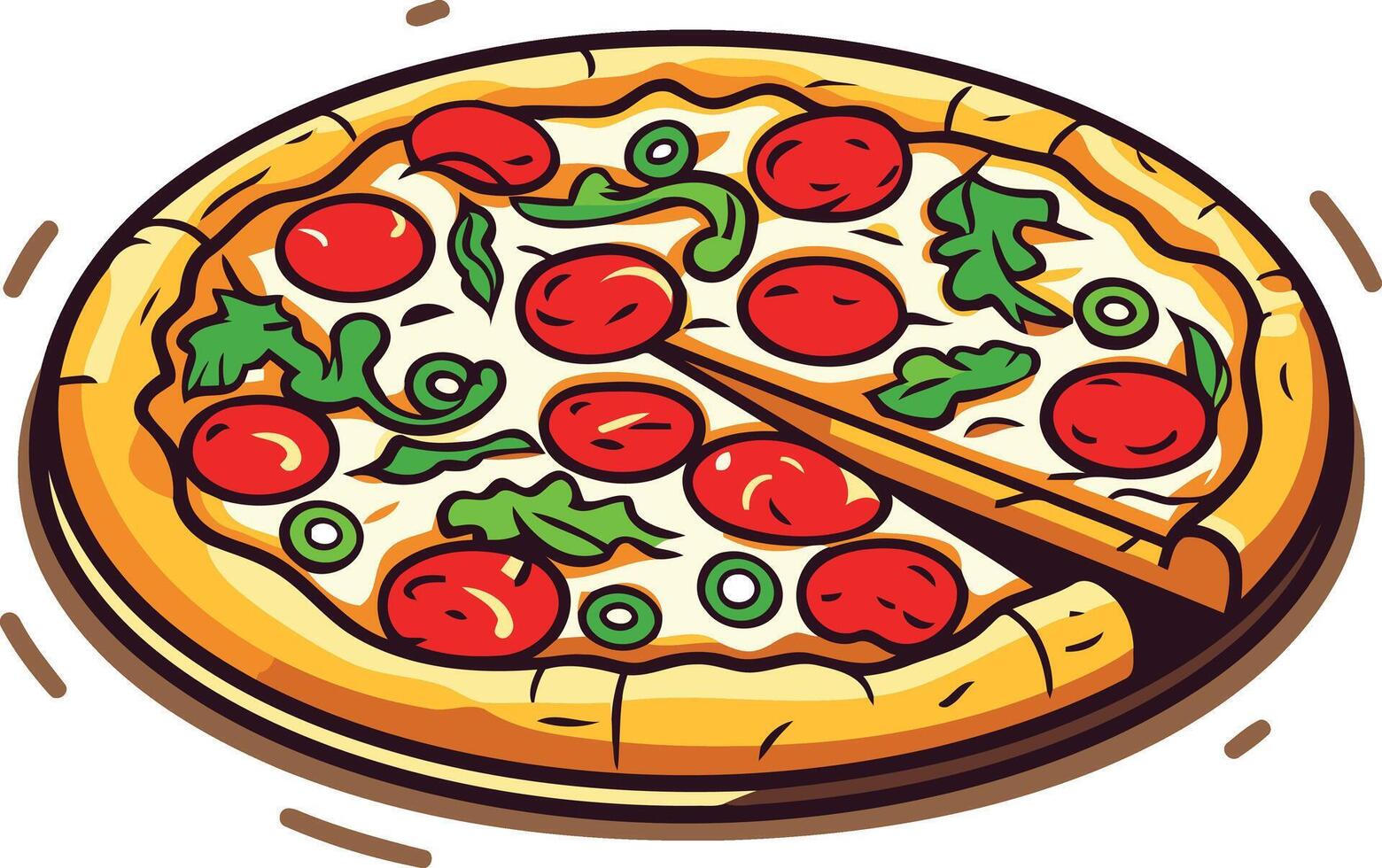 A cartoon illustration of a delicious pizza with a slice missing, perfect for your food related designs, menus, and social media posts vector
