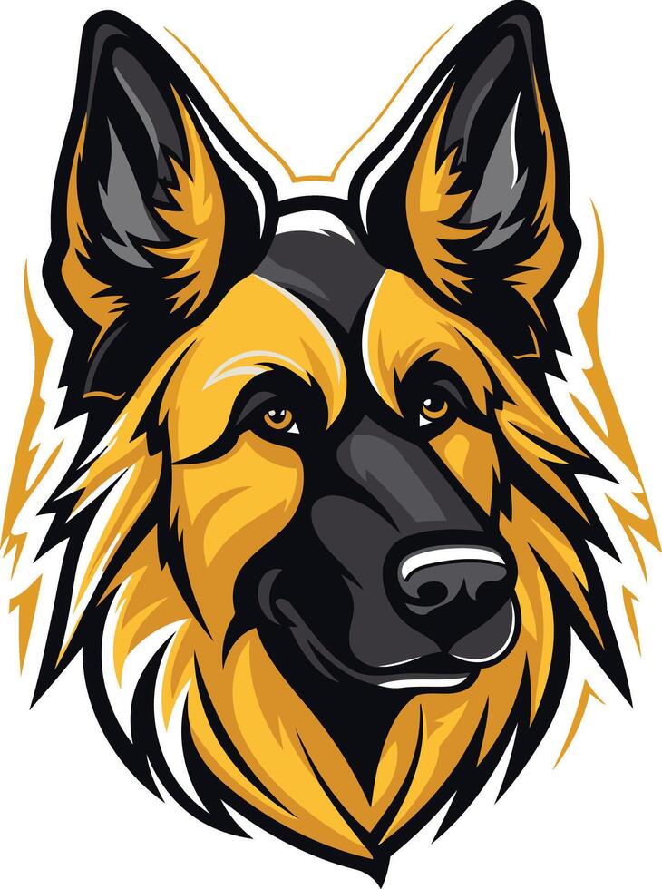 A fierce and proud german shepherd head, with a striking black and gold color scheme, perfect for logos, branding, and merchandise vector