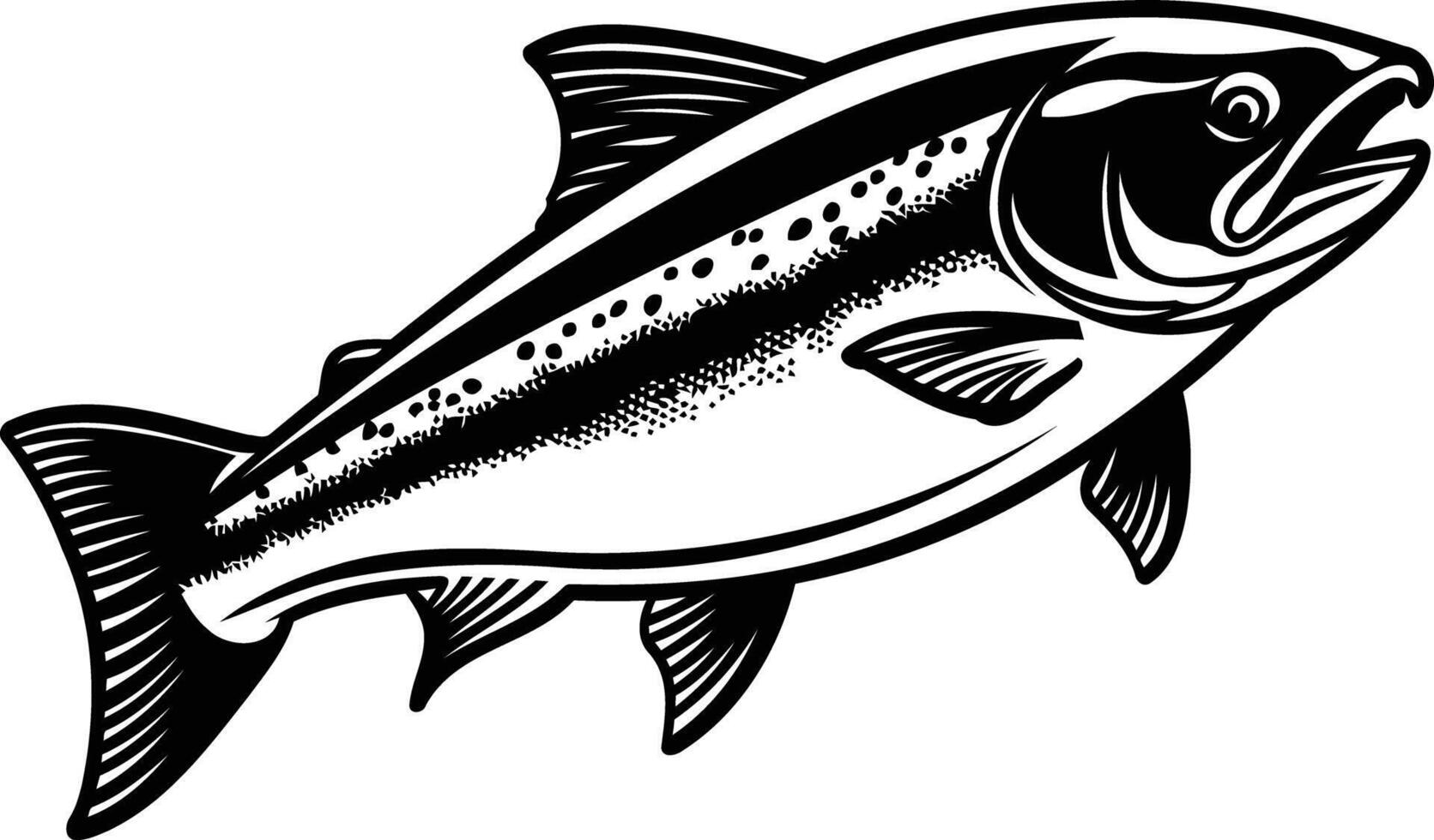 A detailed black and white silhouette of a salmon, perfect for branding, logos, or design projects related to fishing, nature, and seafood vector