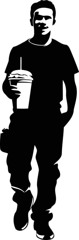 Silhouette of a man walking while holding a drink, perfect for urban, street, or lifestyle designs vector