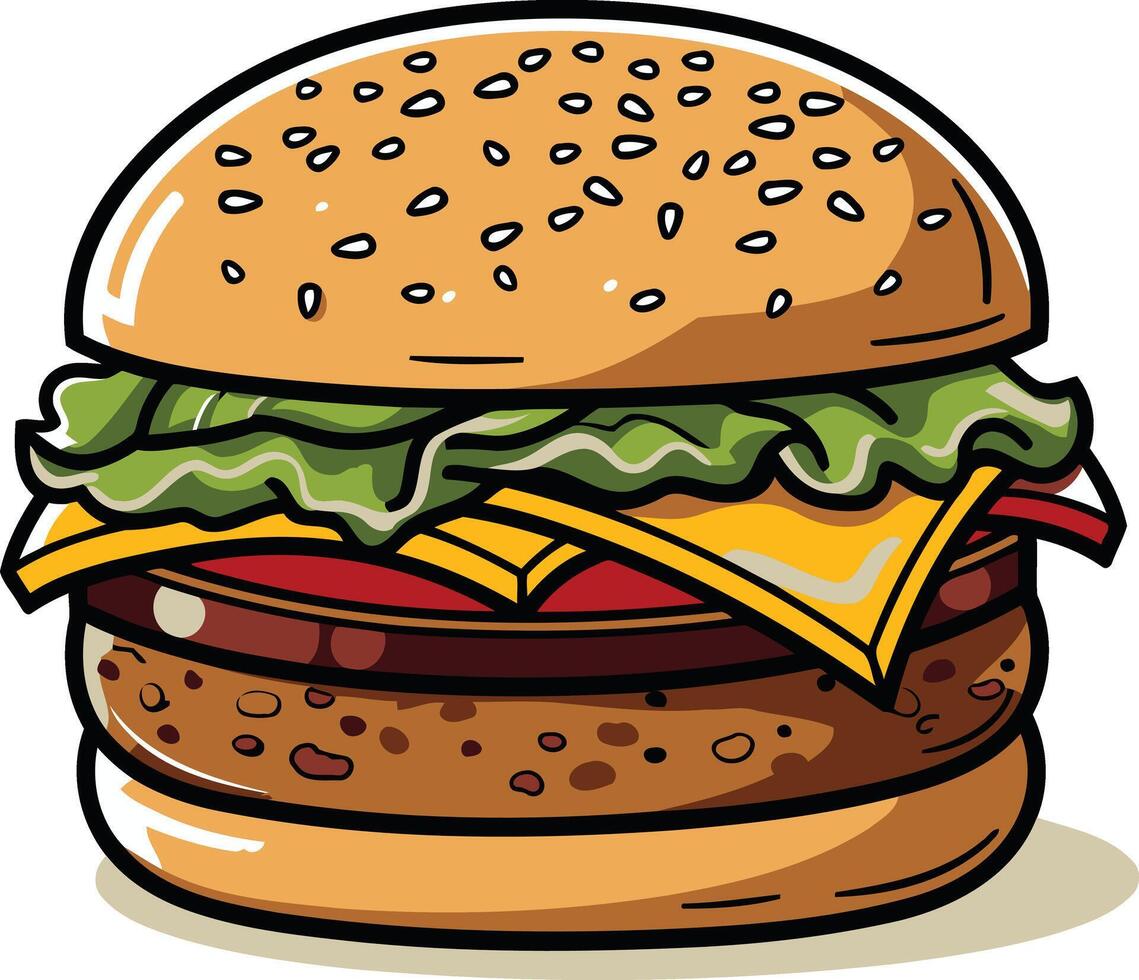 A juicy cartoon burger with lettuce, tomato, cheese, and a sesame seed bun vector