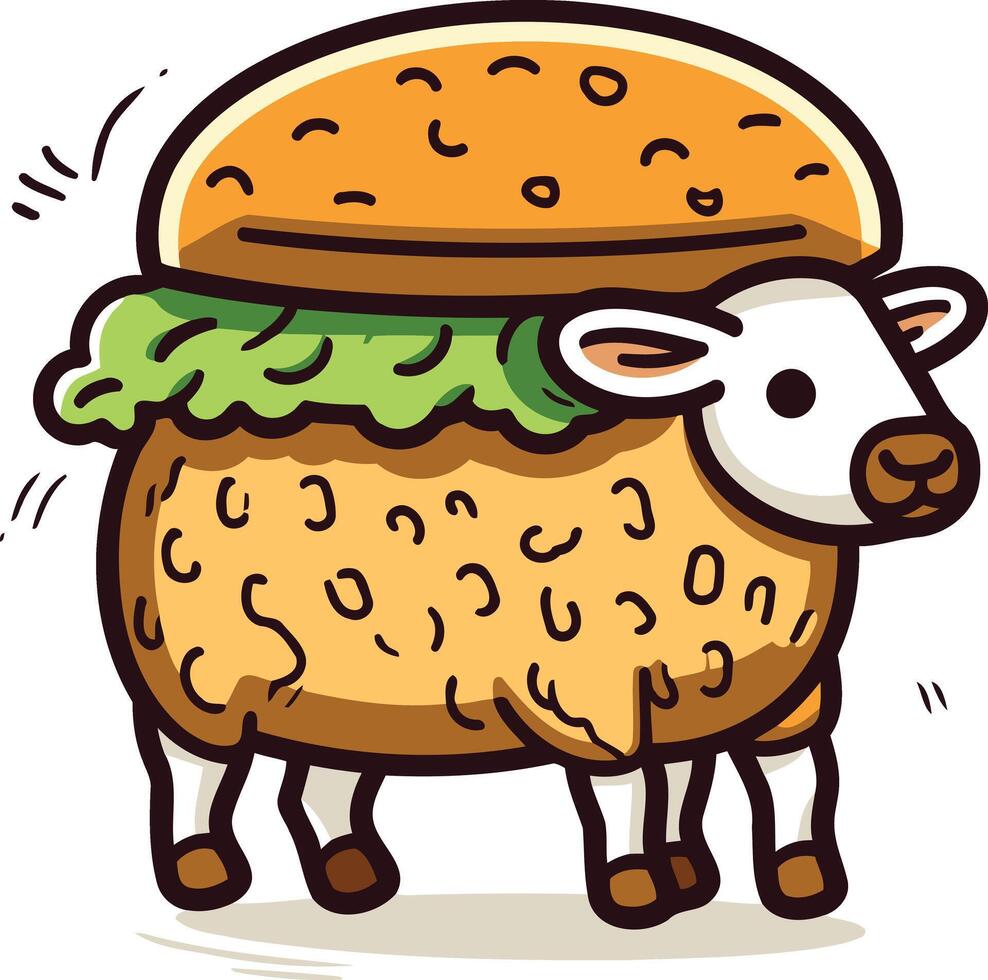 Cute cartoon lamb wearing a burger bun as a hat vector