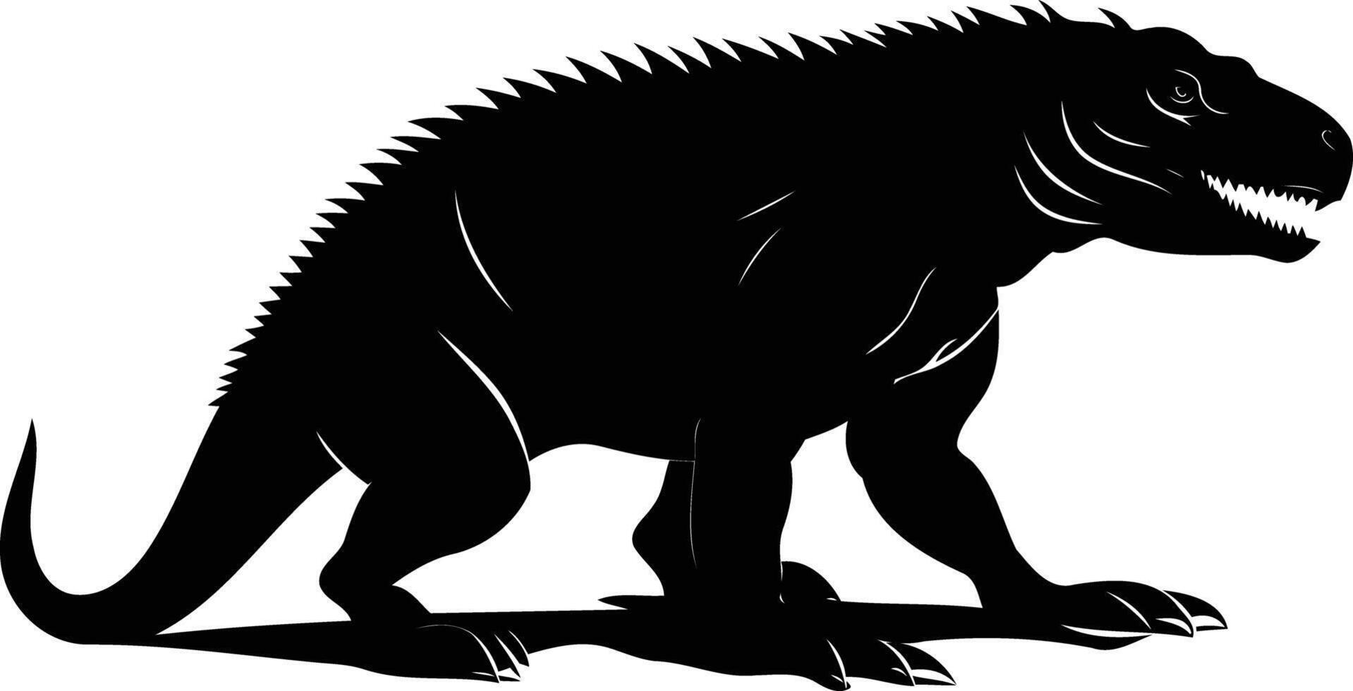 A powerful black silhouette of a large prehistoric lizard, perfect for designs needing a strong and primal aesthetic vector