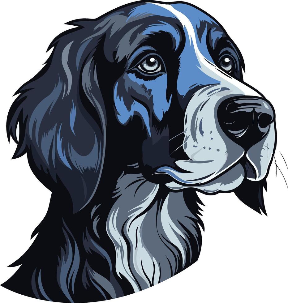 A striking illustration of a black and white dog's head, captured in a dynamic pose vector