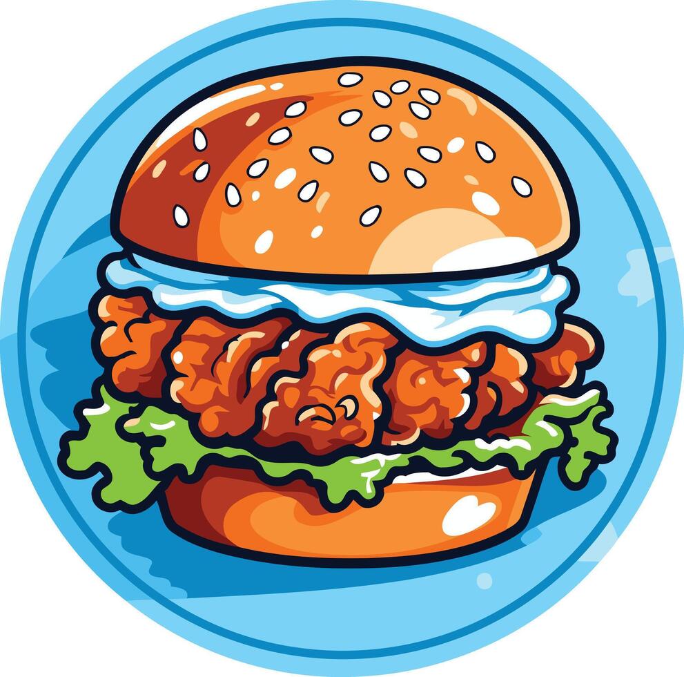 A cartoon style illustration of a delicious fried chicken burger with lettuce and mayonnaise, perfect for restaurant menus, social media, and marketing materials vector