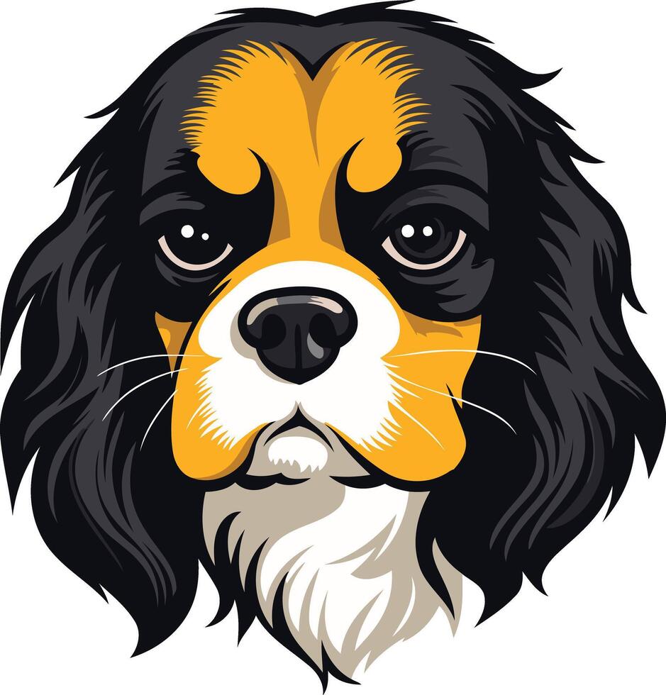 Cute cartoon illustration of a cavalier king charles spaniel with black, white, and gold fur vector