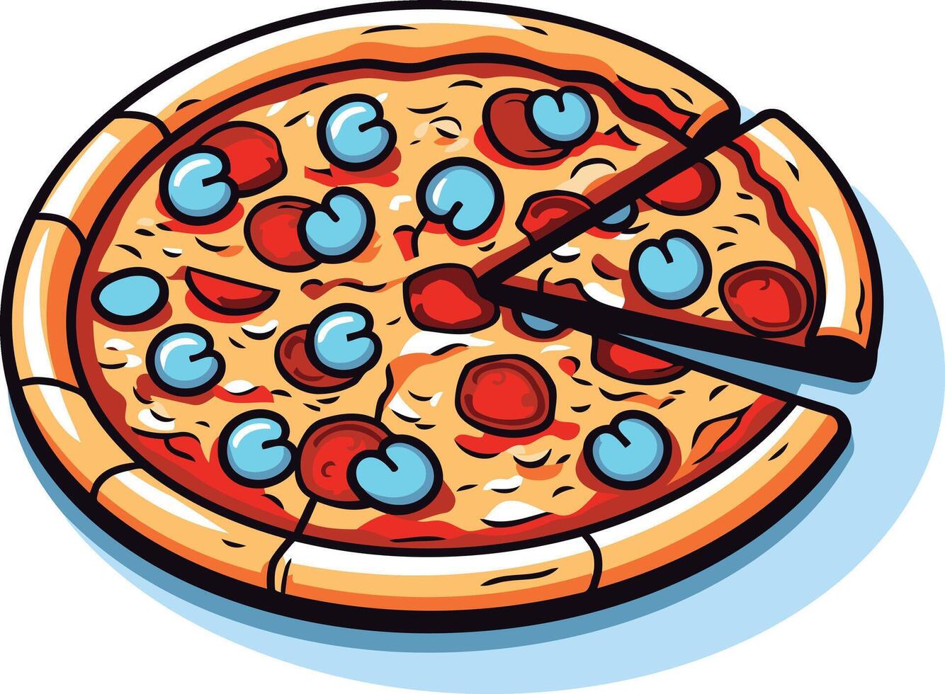 A cartoon illustration of a pepperoni and mushroom pizza with a slice removed vector