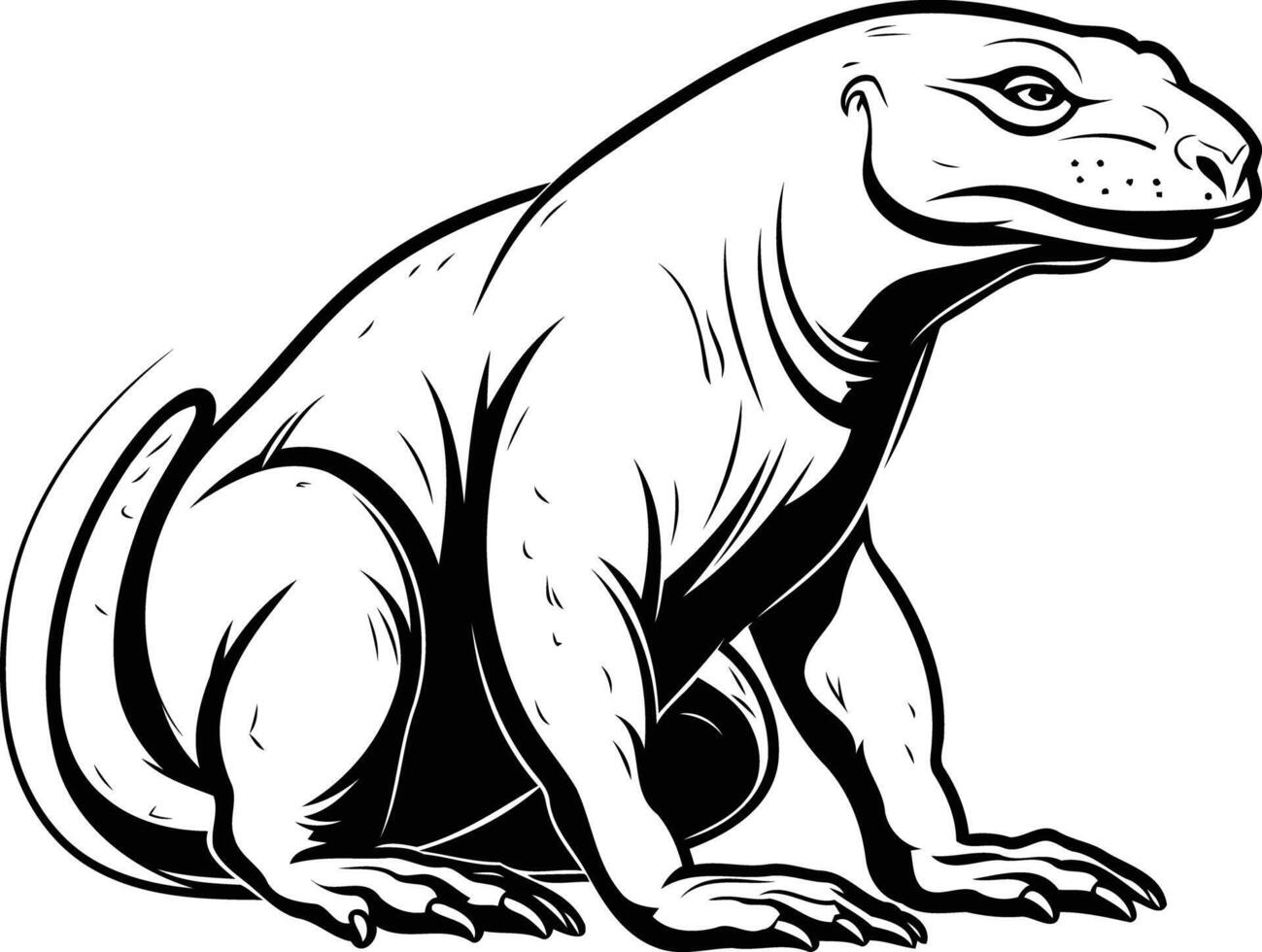 Black and white illustration of a komodo dragon in a sitting pose vector
