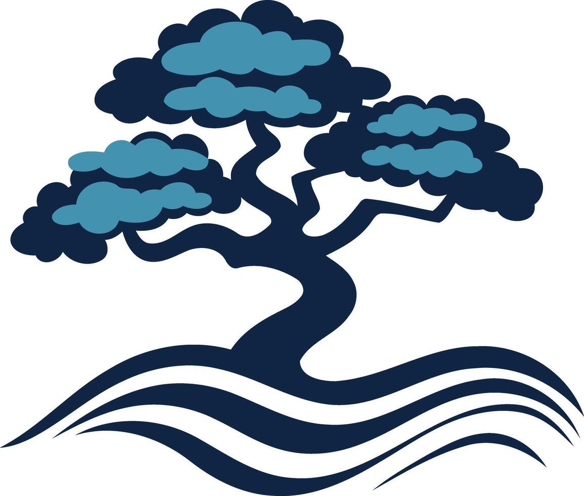 A stylized blue bonsai tree with flowing wave lines underneath, symbolizing growth, resilience, and harmony vector