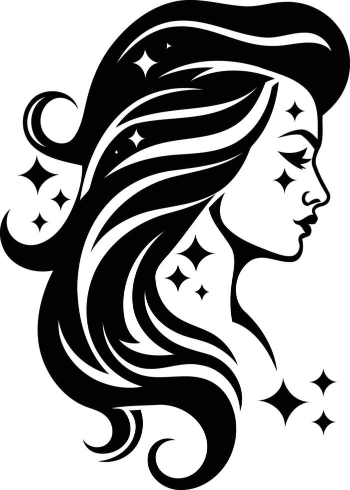 A striking black and white illustration of a woman with flowing hair adorned with stars vector