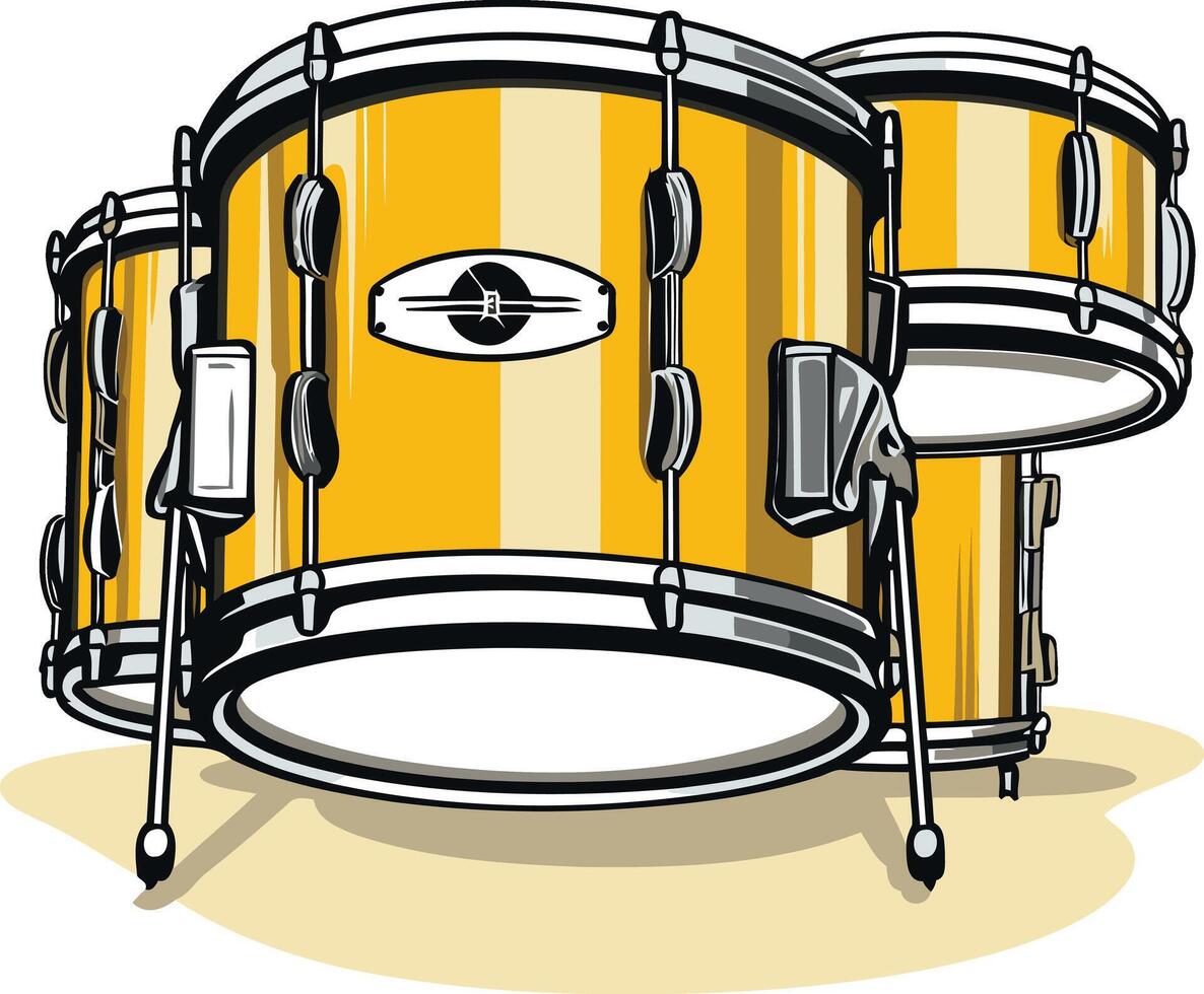 A vibrant illustration of a drum set, featuring a yellow bass drum, a snare drum, and a smaller tom vector