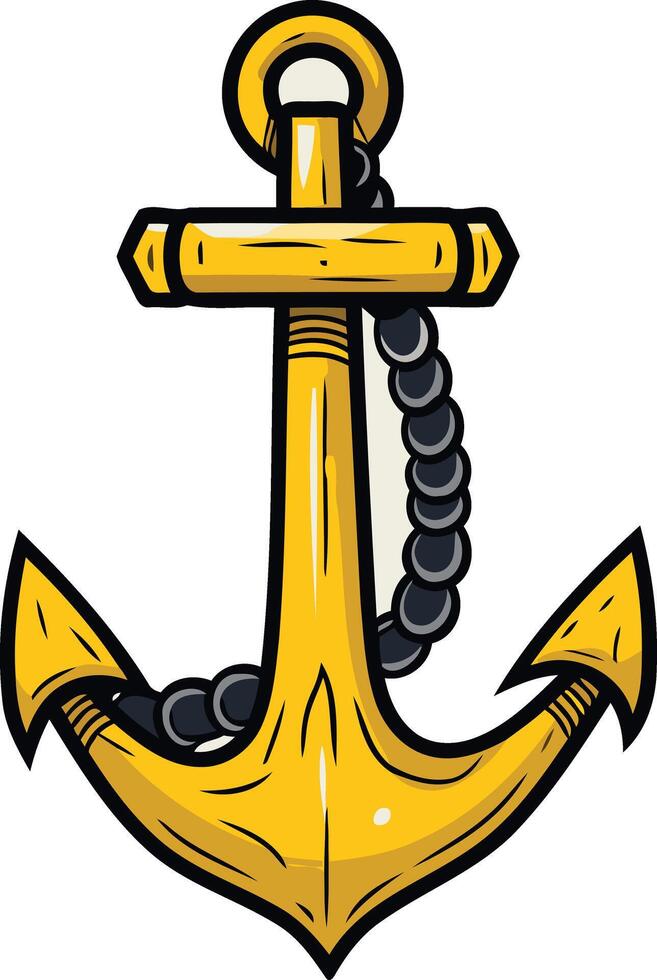 A cartoon style golden anchor with a rope, perfect for nautical designs, logos, and illustrations vector