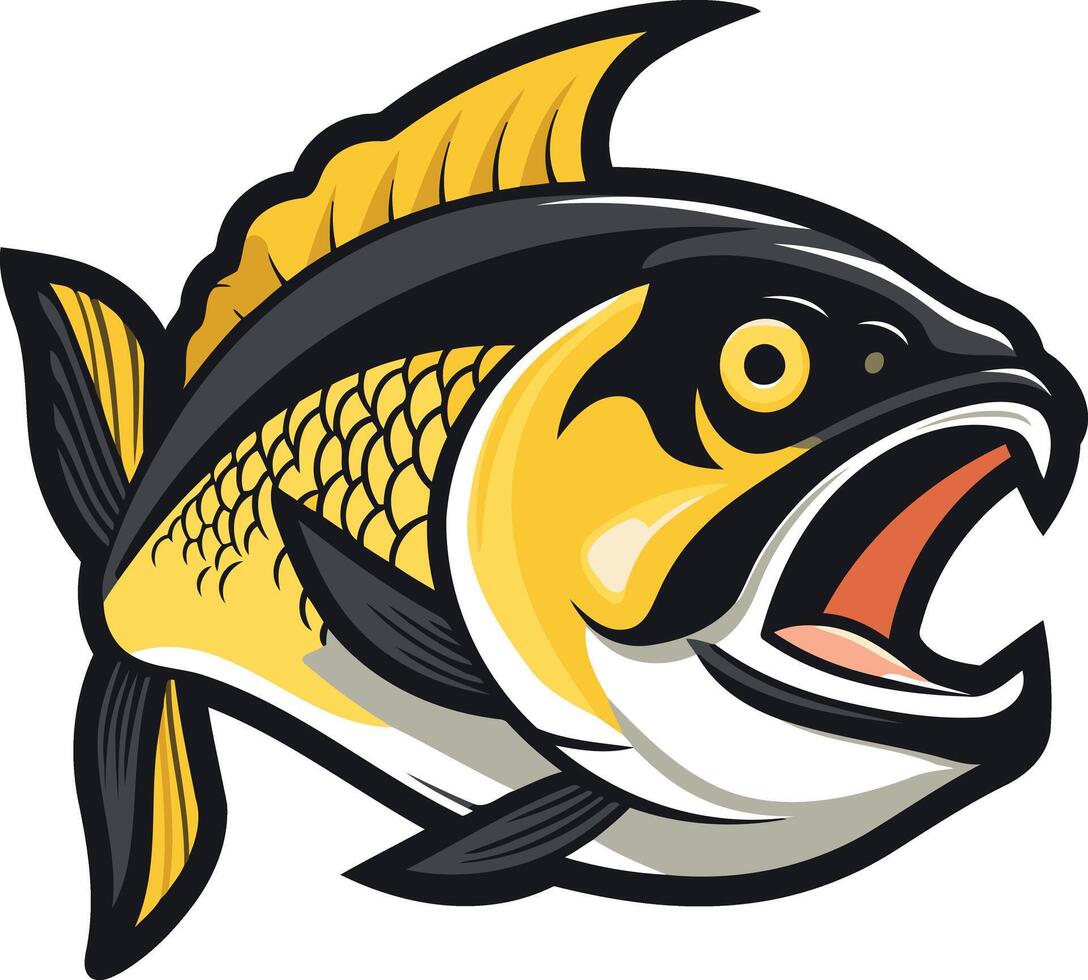 A fierce and stylized cartoon fish with yellow and black scales, a wide open mouth and a bold, cartoonish look vector