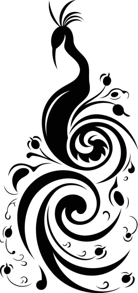 Elegant black and white peacock tattoo design with floral elements vector