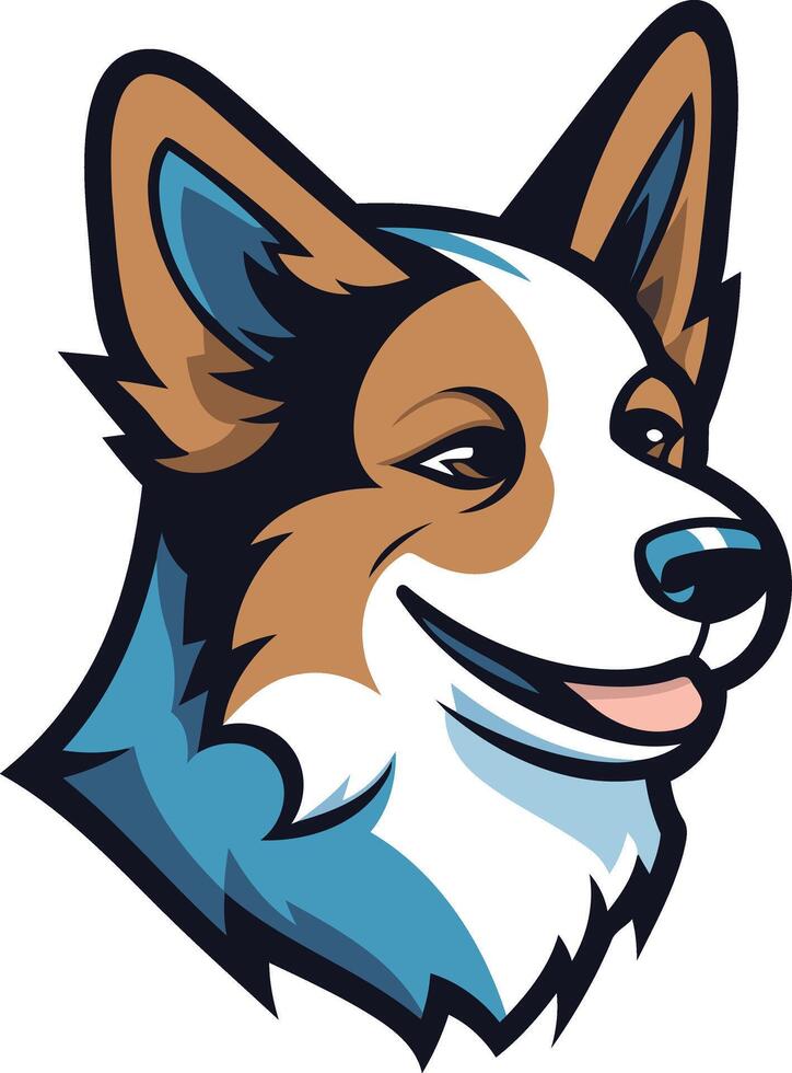 A friendly and playful cartoon illustration of a smiling corgi dog head, perfect for branding, merchandise, and social media vector