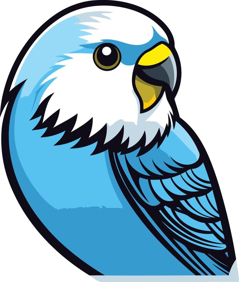 A bright, cartoon style blue parakeet with a white head and yellow beak, perfect for branding, logos, and children's designs vector