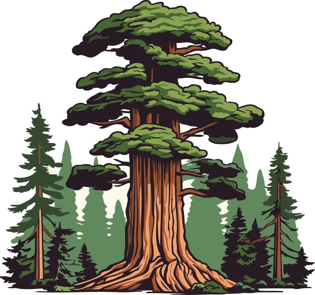 A majestic redwood tree stands tall against a backdrop of lush greenery vector