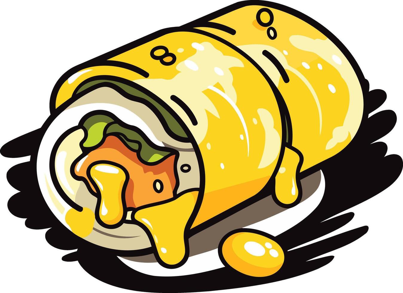 A cheerful cartoon illustration of a delicious burrito dripping with sauce, perfect for menu designs, food blogs, and social media posts vector