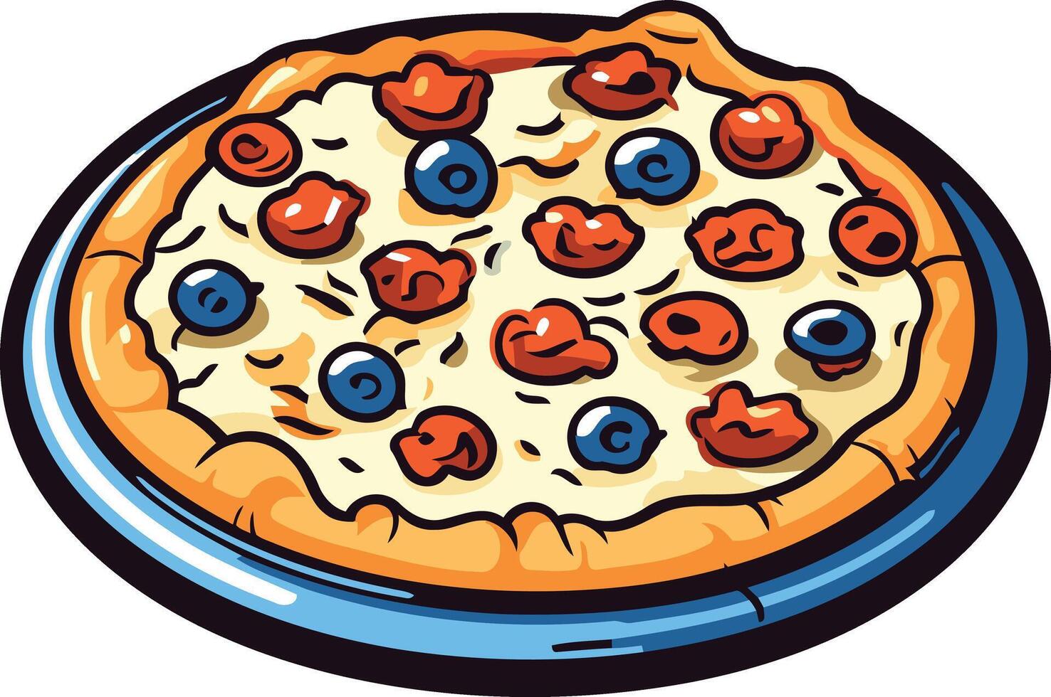 A cartoon style pizza with a unique topping combination, perfect for menus, food blogs, or social media posts vector