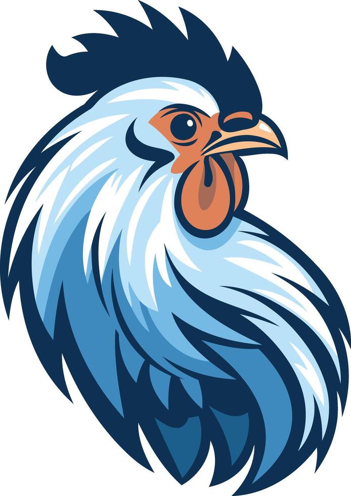 A striking, stylized rooster head logo, featuring a blue and white color scheme and a fierce expression vector