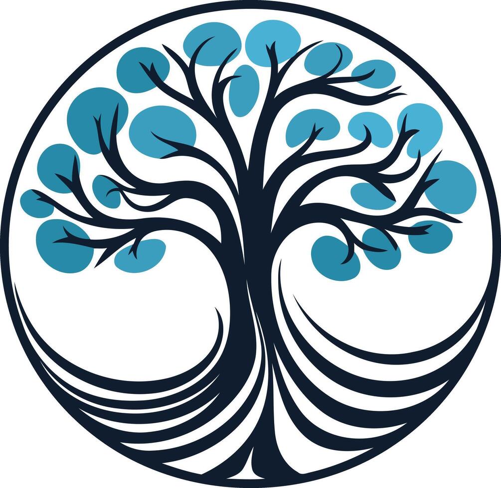 Abstract tree logo with stylized branches and blue leaves vector