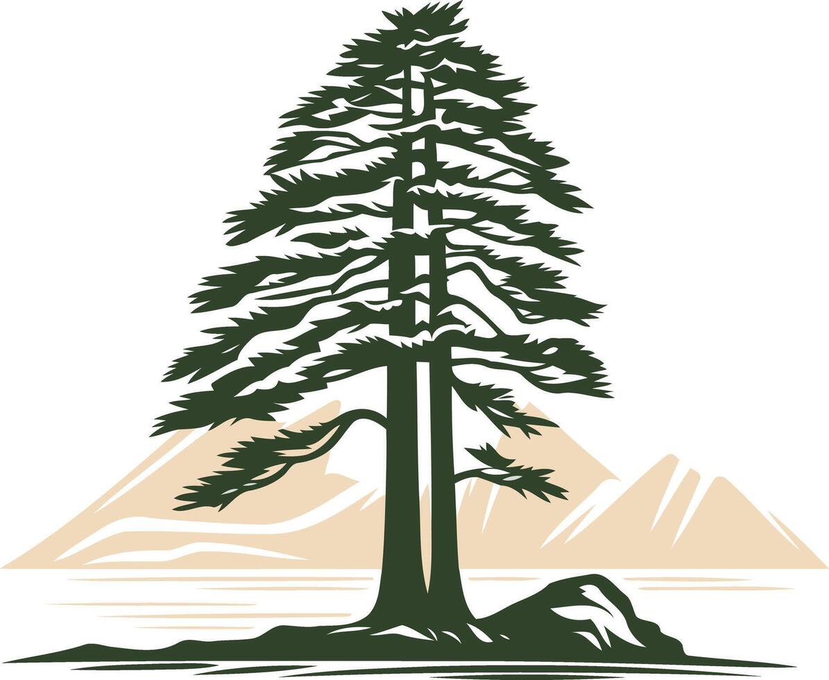 A majestic evergreen tree stands tall against a backdrop of rolling hills, a minimalist yet powerful symbol of nature's enduring strength vector