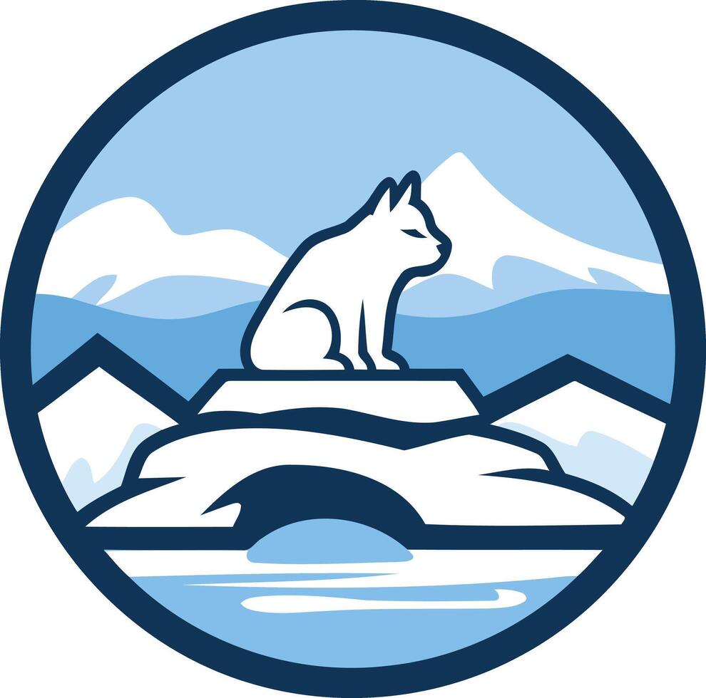 A minimalist and modern logo featuring a white arctic fox sitting atop a rock with mountains in the background vector