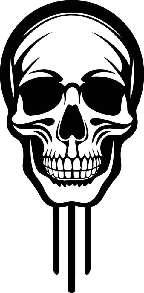 A bold black and white illustration of a skull with a stylized drip effect vector